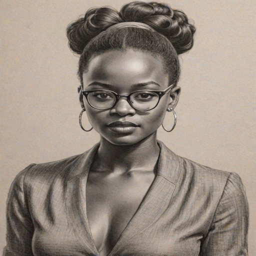 Charming Lupita Nyong'o, pencil sketch, portrait of Fascinating woman 1941s in glasses, hair style beatnik, outline, clear lines, fine lines, 8k
