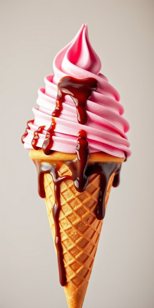 Generate a vibrant illustration of an ice cream cone with pink whipped cream and chocolate syrup dripping down, captured in high resolution using a DSLR camera, 50mm lens, f/2.8 aperture, and soft natural lighting to enhance colors and textures.