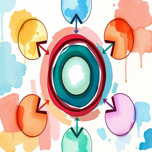 Create a vibrant, mixed-media diagram with a central circle and six surrounding circles, each connected by arrows, using a digital illustration style, 300 dpi resolution, 50mm lens, natural lighting, and a slight overhead view for depth.