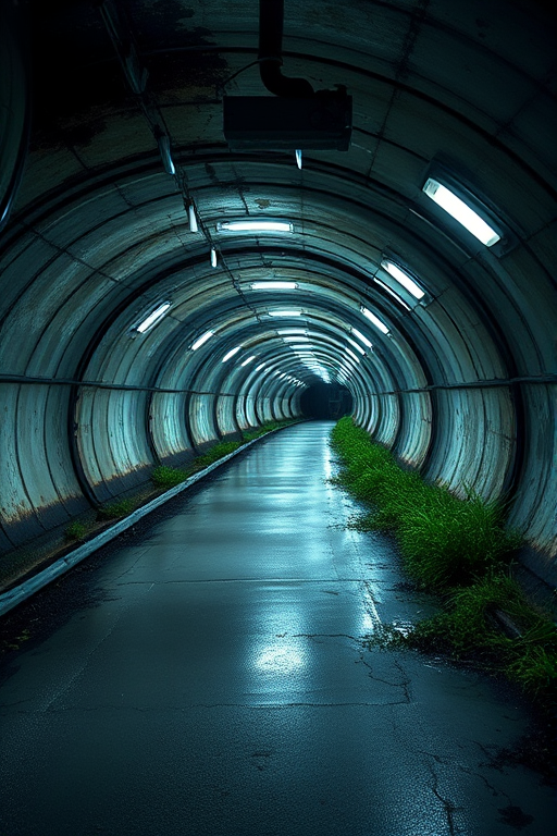A dimly lit underground tunnel with a reflective surface, featuring glowing soft white lights along the curved metallic walls, overgrown with patches of grass and debris, captured with a DSLR camera at f/2.8, ISO 200, 24mm focal length, with a wide-angle perspective and HDR processing for enhanced details.