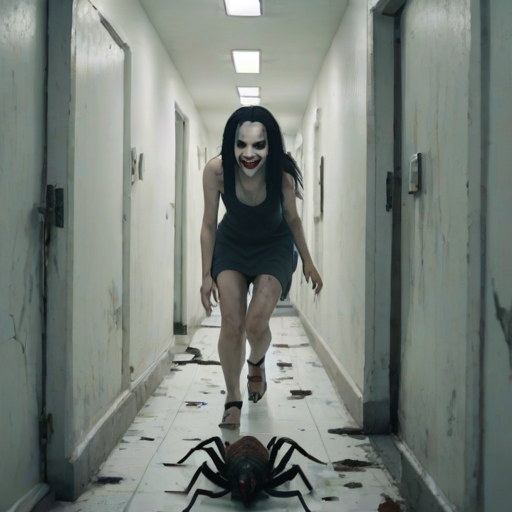 a crooked female with long arms and a creepy smile is crawling along a long white corridor and you can also see cockroaches in it there is a creepy atmosphere creepy art style