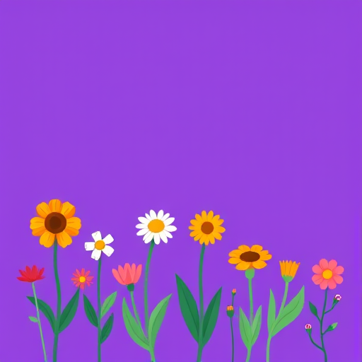 Create a vibrant illustration of various stylized flowers in a row against a solid purple background, using a digital art style; set camera settings to ISO 100, f/8 aperture, and a focal length of 50mm with a soft, even light to enhance colors and details.