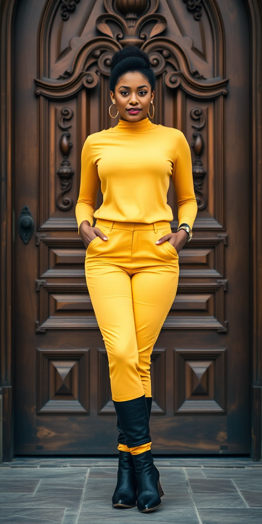 Portrait of a confident woman standing in front of an ornate wooden door, wearing a stylish yellow outfit and black chunky boots, captured in natural light with a DSLR camera, 85mm lens at f/1.8, ISO 100, shutter speed 1/200s, with a slight bokeh effect for background softness.
