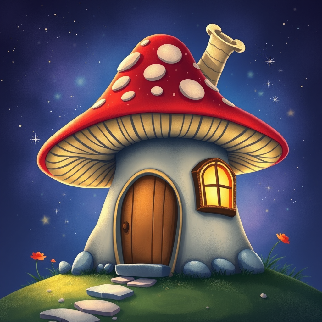create illustration of a mushroom house with a door and a window, a storybook , fantasy art, mushroom house, bg starry sky, sparkles