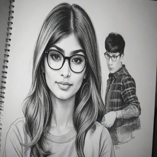hot mia khalifa, pencil sketch, portrait of beautiful woman 60s in glasses, hair style beatnik, outline, clear lines, fine lines, 8k