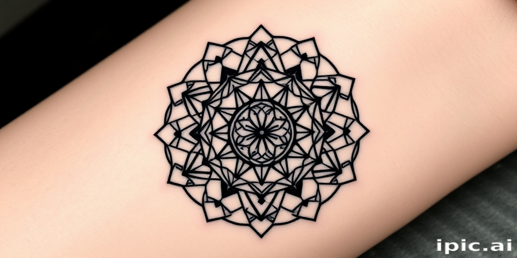 Geometric blackwork tattoo called "Sacred Geometry" showcasing intricate patterns of interconnected triangles, circles, and hexagons forming a mesmerizing mandala-like design, with bold solid black lines contrasting against negative space to create a striking visual impact, incorporating subtle dotwork shading to add depth and dimension to the piece, ideal for enthusiasts of minimalist yet powerful tattoo designs that blend mathematical precision with spiritual symbolism