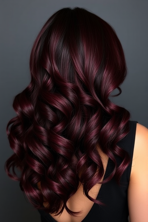 Sultry dark burgundy waves cascade down the back, featuring subtle crimson highlights and styled in a glamorous old Hollywood-inspired side sweep