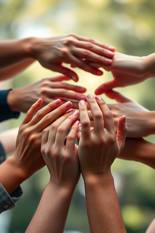 Generate an image of multiple human hands arranged artistically, using a DSLR camera with a 50mm lens, aperture f/2.8, ISO 100, natural lighting, and a slightly blurred background for depth.