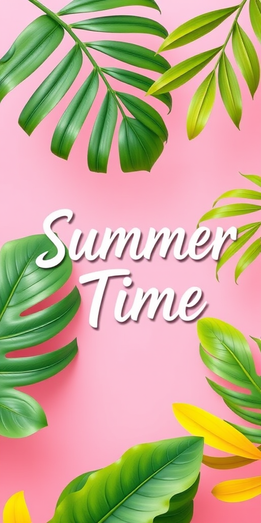 Create a vibrant digital illustration of tropical leaves in shades of green and yellow against a soft pink background, featuring the text "Summer Time" in a playful font, using a Canon EOS R5 with a 50mm lens at f/2.8, 1/100 sec shutter speed, and vibrant color settings for enhanced image quality.