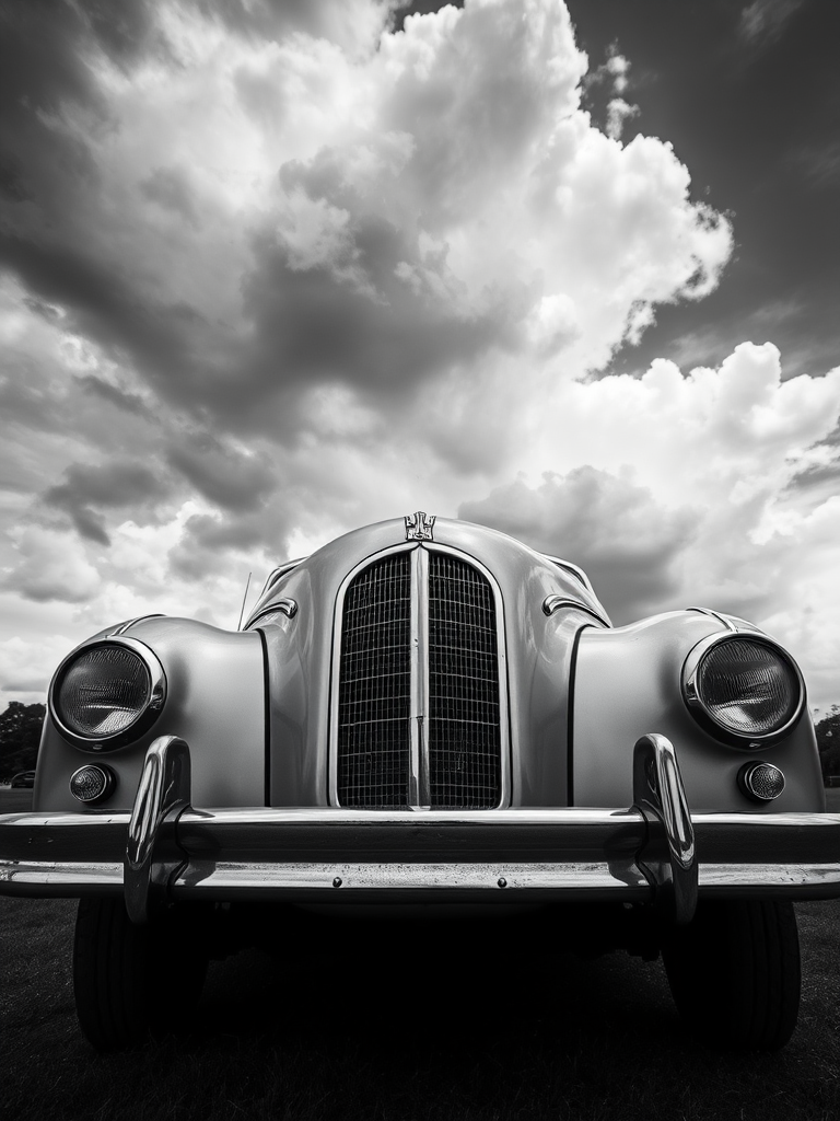 Regenerate an image of a vintage silver car from a low angle view, f/2.8 aperture, ISO 100, 50mm lens, with dramatic cloud background, high dynamic range in black and white, using a full-frame DSLR camera.