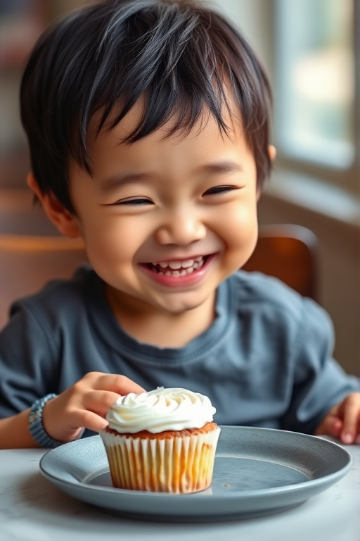 Create a high-resolution image of a joyful child with short black hair sitting at a table, smiling widely while looking at a cupcake on a gray plate, use a Nikon D850 camera, 50mm lens, aperture f/1.8, ISO 200, soft natural lighting, and a shallow depth of field.