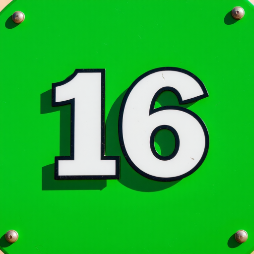 Create a vibrant, high-resolution image of a green sign with the number 16 in bold white font, captured in daylight using a DSLR camera, ISO 100, f/2.8 aperture, 50mm lens, on a slight angle to showcase depth.