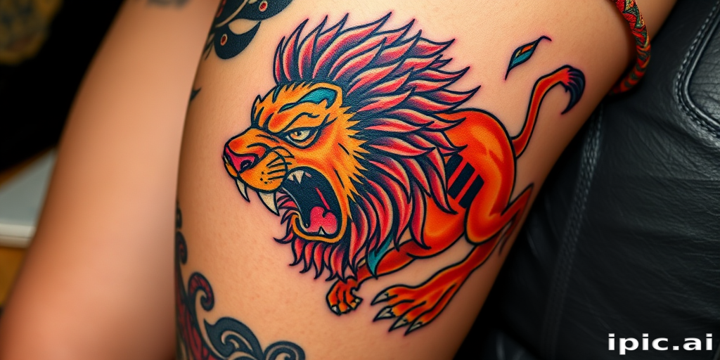 Vibrant neo-traditional tattoo of a fierce lion on the thigh, featuring bold outlines, saturated colors, and stylized elements, blending classic and modern tattooing techniques