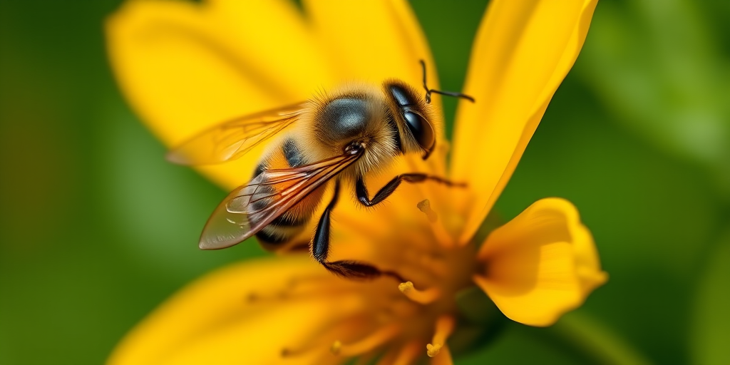 a close-up of a bee on a vibrant yellow flower with detailed petals and blurred green background, using a Canon EOS 90D, 100mm f/2.8 macro lens, aperture f/4, shutter speed 1/200s, ISO 400, natural lighting, shallow depth of field