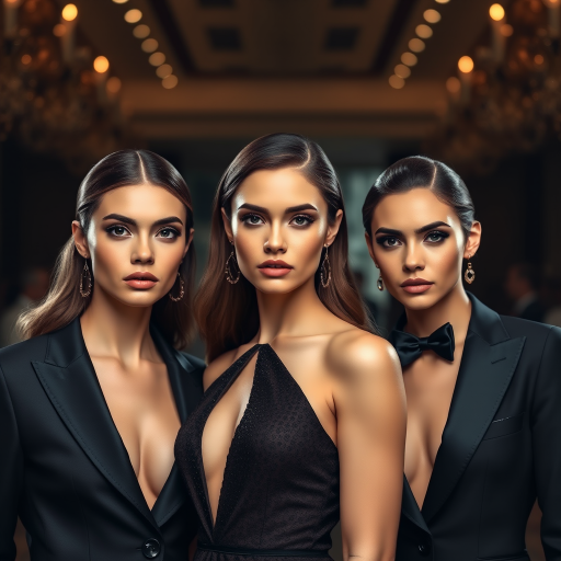 Regenerate a high-fashion portrait of three elegantly dressed individuals in formal attire, with dramatic lighting and a blurred background; camera settings: aperture f/2.8, ISO 100, shutter speed 1/125s; camera view: front view; camera style: portrait; camera type: DSLR.