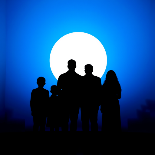 Create a silhouette of a family standing under a blue and white circular backdrop, with a soft focus, using a DSLR camera, f/2.8 aperture, ISO 100, 50mm lens, and natural light for enhanced quality.