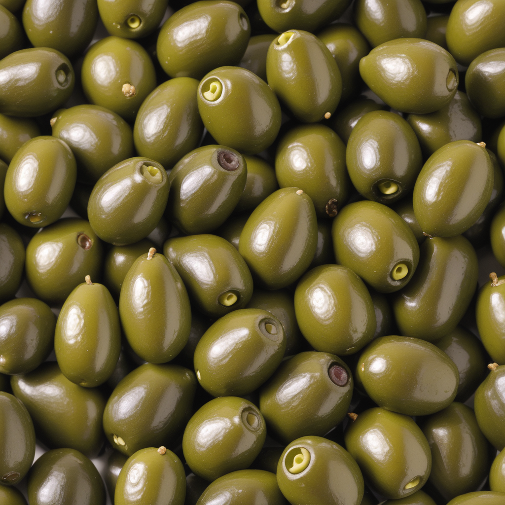 A Close-Up View of Glossy Green Olives Piled Together in Abundance.