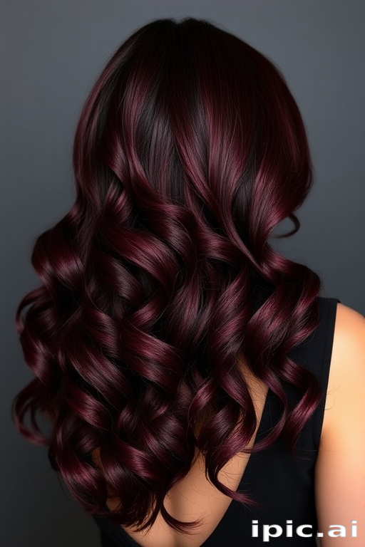 Sultry dark burgundy waves cascade down the back, featuring subtle crimson highlights and styled in a glamorous old Hollywood-inspired side sweep