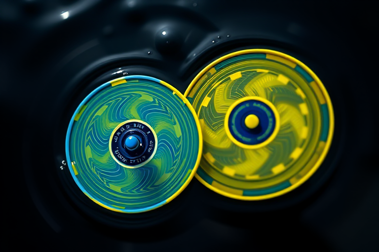 Generate an image of two floating, spinning discs with intricate patterns in bright yellow and blue against a dark water background, using a DSLR camera with a focal length of 50mm, aperture set to f/1.8, ISO 100, in a low-angle shot for dramatic effect, and employing HDR technique for enhanced detail and clarity.