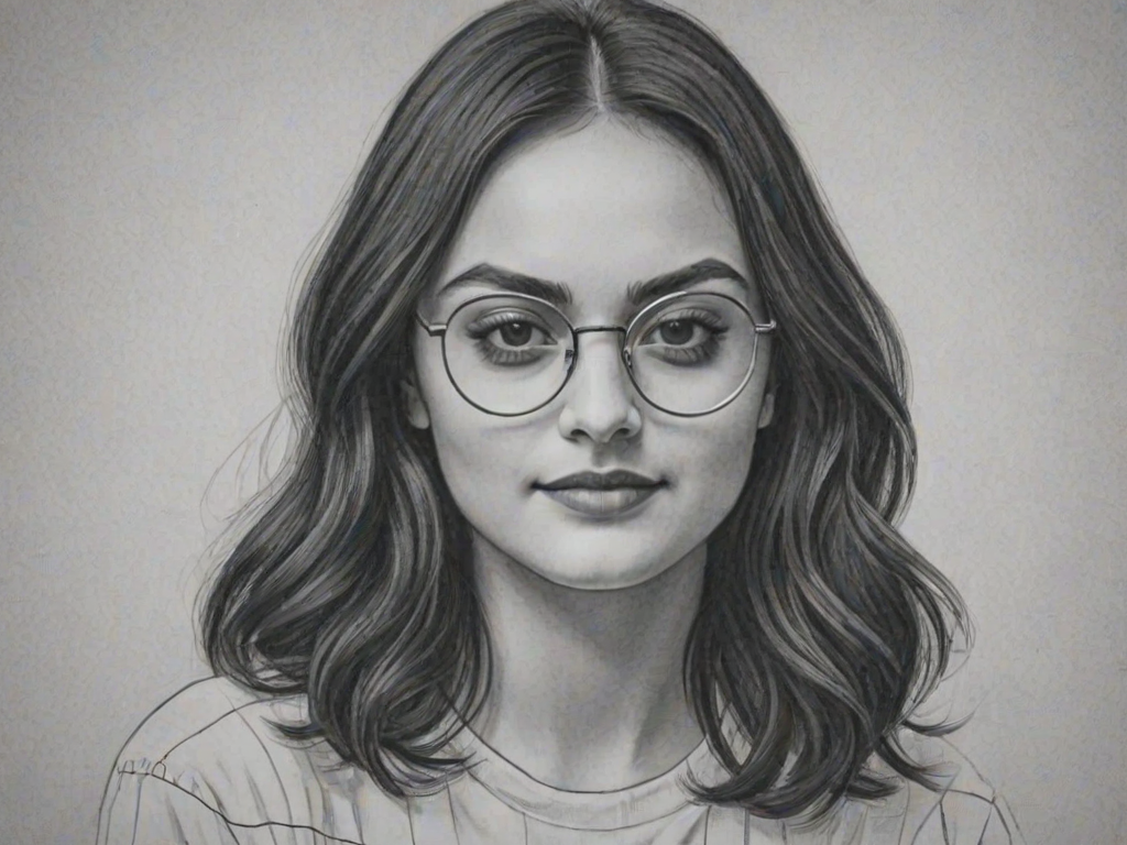 Wonderful Camila Mendes, pencil sketch, portrait of Ravishing woman 1939s in glasses, hair style beatnik, outline, clear lines, fine lines, 8k