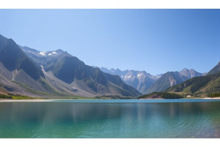 Generate an image of a serene landscape with mountains in the background, a clear blue sky, and a tranquil lake in the foreground, captured with a Canon EOS R5, 24mm f/1.4 lens, ISO 100, shutter speed 1/200s, using a wide-angle view for depth and clarity, maintaining vibrant colors and sharp details.