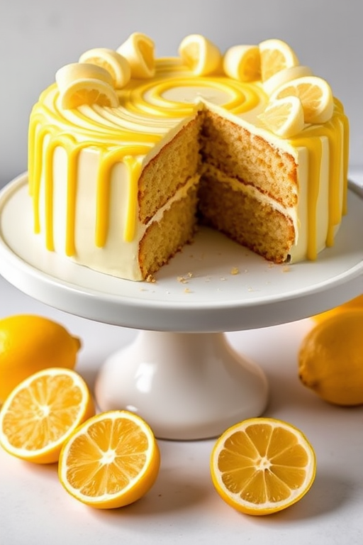 A beautifully decorated lemon cake with yellow and white striped frosting cut into slices on a white cake stand surrounded by lemon wedges and a soft background.