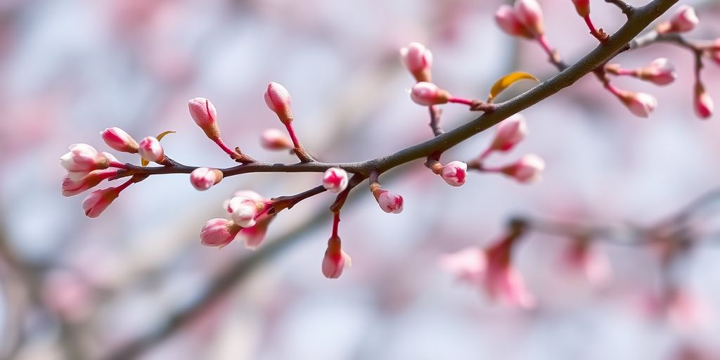 Create a high-resolution image of a pink tree branch with delicate buds, shot with a DSLR camera at f/2.8 aperture, 50mm lens, ISO 100, in soft natural light from a low angle to enhance texture and detail.