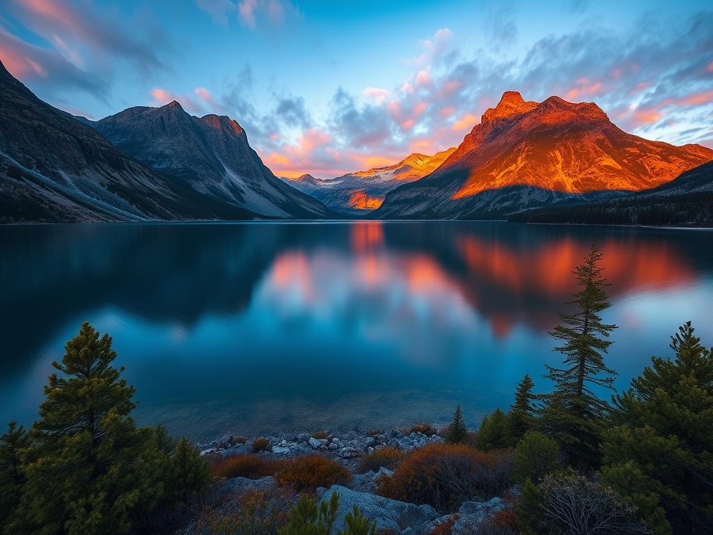 Create a vivid landscape scene of a serene lake surrounded by tall mountains at sunset with rich colors reflecting on the water, captured with a Canon EOS R5, 35mm lens, f/8 aperture, ISO 100, 1/125 sec, using a wide-angle perspective for depth and clarity.