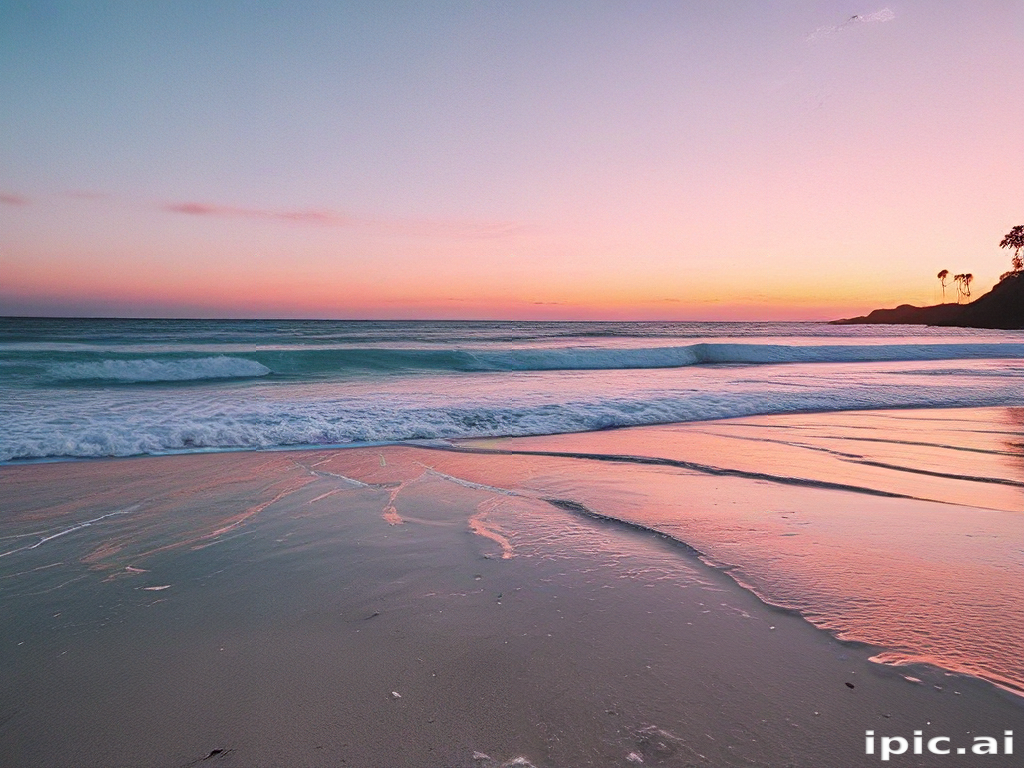 Serene Sunset Over Gentle Waves and Tranquil Beach Landscape at Dusk