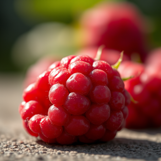 a detailed close-up of a fresh raspberry resting on a textured surface with a soft focus background, captured in vibrant colors and natural lighting
