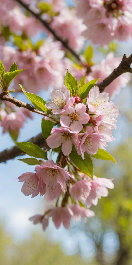 a close-up of pink cherry blossoms on a tree branch with soft petals and green leaves against a bright background