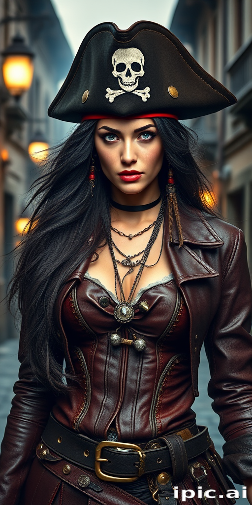 Create a portrait of a fierce female pirate. She wears a leather tricorn hat adorned with a skull and crossbones emblem, and her long, dark hair flows around her face. Her outfit consists of a richly detailed leather jacket, a corset, and multiple layers of belts and accessories, giving her a formidable and stylish appearance. She stands confidently in a dimly lit, historic port town, with a backdrop of weathered buildings and cobblestone streets, capturing the adventurous spirit of a pirate.