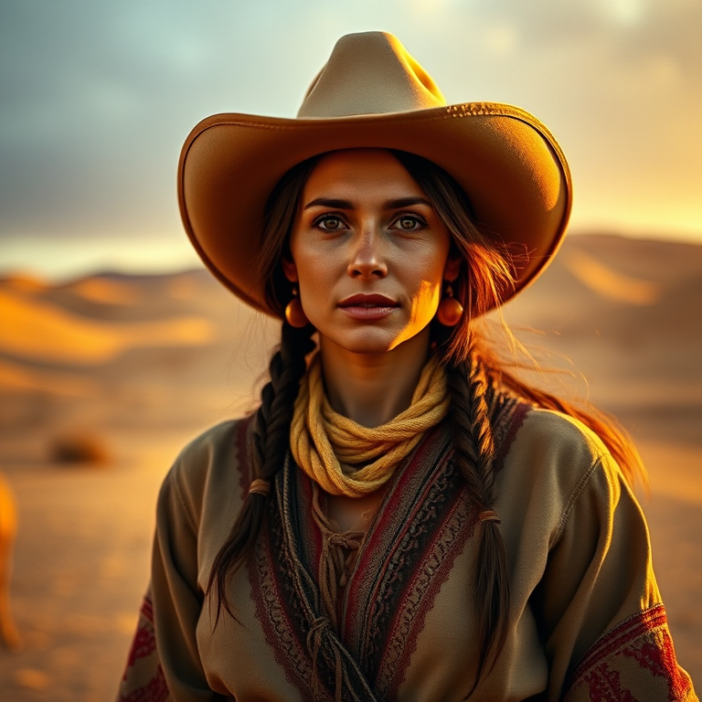 Dramatic photo of a beautiful Turkmen woman, classic cowboy attire, confident and free spirit expression, half-length portrait, centered, golden hour desert landscape, warm, diffused light, low angle, medium format film camera, in style of Annie Leibovitz.