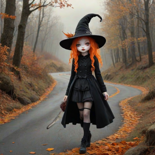 digital art fantasy depicting a strange girl with orange hair, long eyelashes, black lipstick and a tall hat walking along a winding road on an autumn afternoon, an Axolotl smiles as she passes