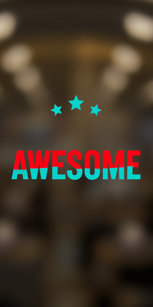 Create a vibrant logo design featuring the word "AWESOME" in bold red and teal letters, with three stars above, captured using a DSLR camera at f/2.8 aperture, 50mm lens, ISO 100, with a clear focus on the text and a blurred background for depth.