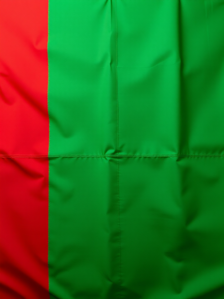Create an image of a flag with horizontal stripes in the order of red, black, and green, using a DSLR camera with a 50mm lens, aperture set to f/8, ISO 100, shutter speed 1/200s, taken from a straight-on view, with vibrant colors and high contrast.