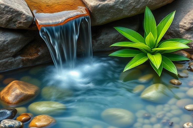 Create a high-resolution digital illustration of a small waterfall flowing over rocks into a clear blue pond surrounded by pebbles and a lush green plant, captured with a DSLR camera at f/8 aperture, 1/125s shutter speed, ISO 100, using a macro lens for detailed textures and vibrant colors.
