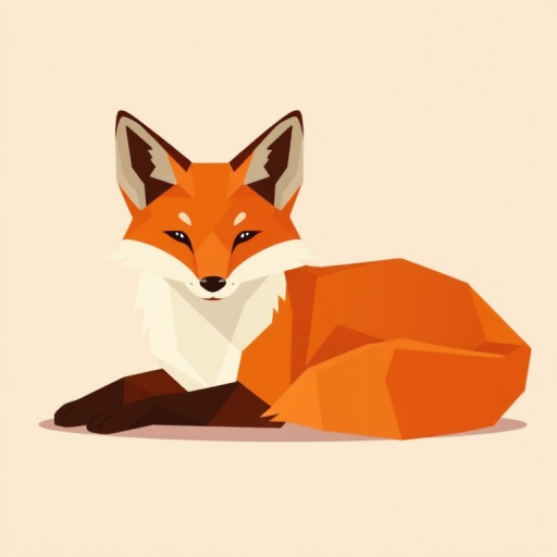 generate an illustration of a stylized fox lying down with geometric shapes and a warm color palette, use a digital drawing technique, 300 dpi resolution, front view, soft lighting, minimalist style