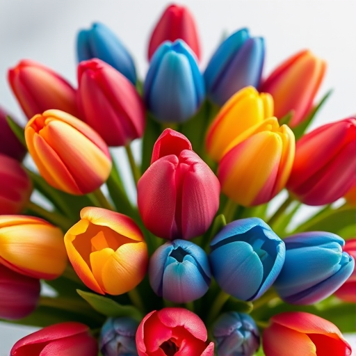 floral design with vibrant tulips in red, yellow, and blue, symmetrical arrangement, high-resolution digital art, macro lens, f/4 aperture, 50mm focal length, natural lighting, shallow depth of field