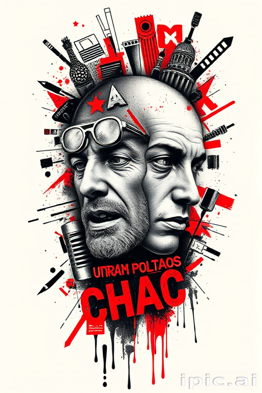 Striking trash polka tattoo named "Urban Chaos" combining bold, graphic elements with realistic imagery in a chaotic yet cohesive composition, utilizing a limited color palette of black and red to create a high-contrast design that incorporates text, geometric shapes, and distressed textures alongside photorealistic portraits or objects, resulting in a powerful and visually arresting tattoo