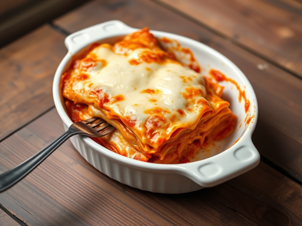 Warmly lit photo of a delicious homemade lasagna in a ceramic dish, soft cheese bubbling on top, with a fork resting beside it on a rustic wooden table.