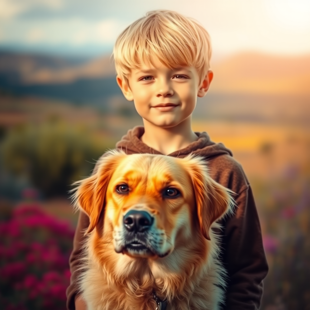 Create a hyper-realistic portrait of a young boy with blond hair standing outdoors in a vibrant landscape, his loyal dog with a golden coat in front of him, captured with a 50mm lens at f/1.8, 1/200s shutter speed, ISO 100, utilizing natural lighting to enhance colors and details, with a slightly blurred background for depth.