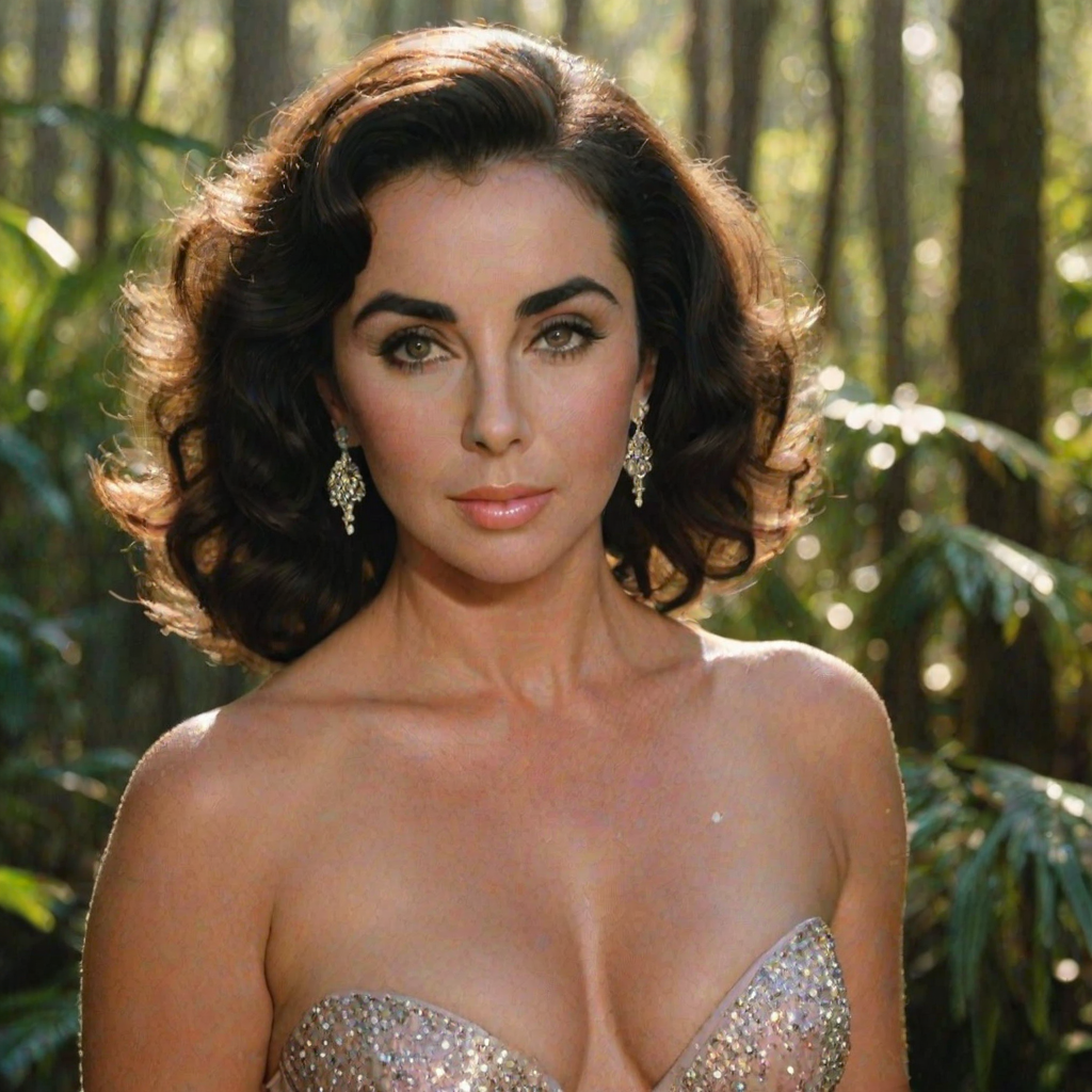 A photo of an old, beautiful Elizabeth Taylor with light tanned skin, a small nose, and soft pink lips. She has perfect symmetric eyes and wears a strapless transparent bikini. She has a big female bosom with push-up. The model is standing under the warm sunlight, showcasing her toned figure and delicate curves. The background is a rain forest with sparkling water and trees. The overall ambiance is a perfect blend of luxury, glamour, and beachside leisure.