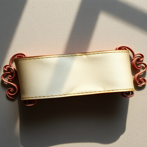 Create a high-resolution image of a vintage blank banner ribbon with ornate curls, captured with a DSLR camera at f/2.8 aperture, 50mm lens, ISO 100, natural soft light, and a slight top-down view to enhance details and texture.