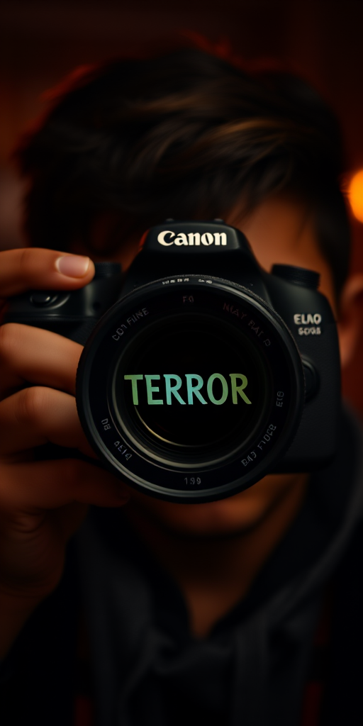 Create a high-resolution image of a person holding a Canon DSLR camera, with the camera lens prominently featuring the word "TERROR" in a dramatic font, shot in low light with a wide aperture (f/1.8) to create a blurred background, using a 50mm lens, and employing a warm color palette for an intense mood.