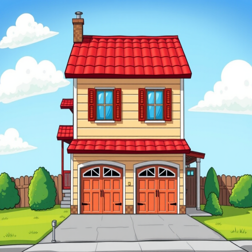 Create a colorful, cartoon-style illustration of a two-story house with a red roof and two garage doors, using a wide-angle lens at f/5.6, ISO 100, and a bright sunny background for enhanced clarity and color saturation.