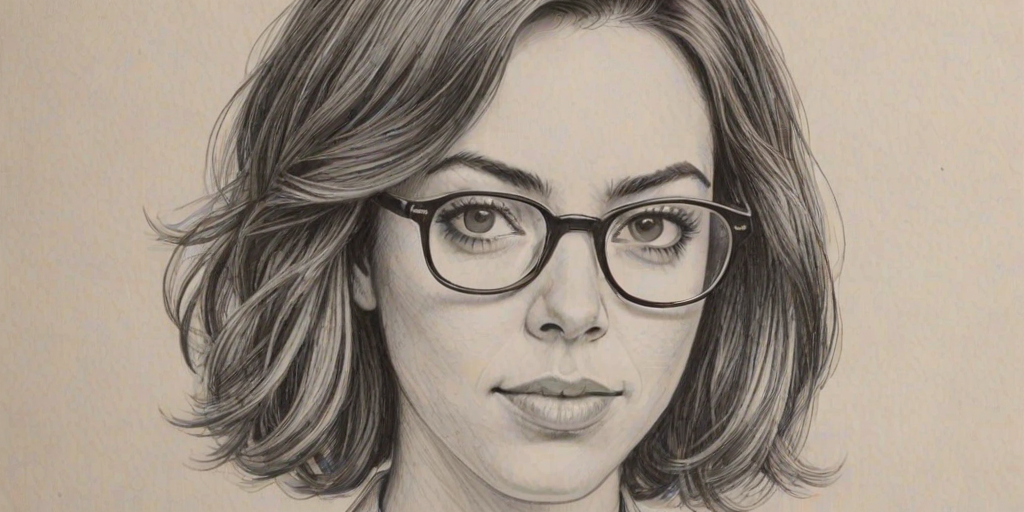 Enticing Aubrey Plaza, pencil sketch, portrait of Superb woman 1969s in glasses, hair style beatnik, outline, clear lines, fine lines, 8k