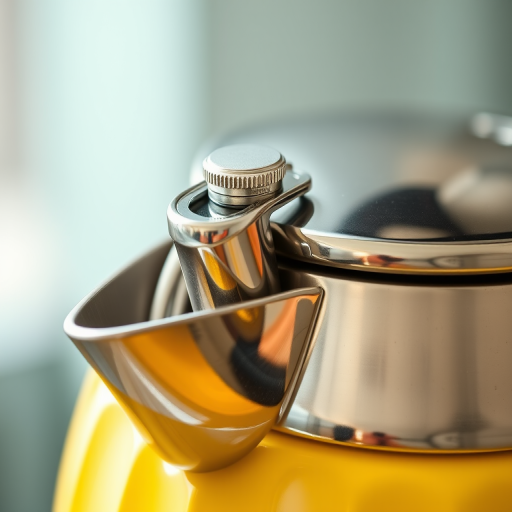 Close-up of a shiny metallic kettle with a yellow body and a lid, captured with a Canon EOS R5, 50mm lens, f/2.8, ISO 100, natural lighting, shallow depth of field, focusing on the edge of the lid and the pouring spout for enhanced detail.