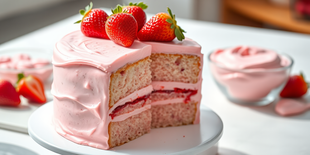A beautifully frosted pink cake with a smooth pink icing topped with fresh strawberries, a slice of the cake showing its soft texture and layers, a small bowl of pink frosting in the background, bright and inviting setting.