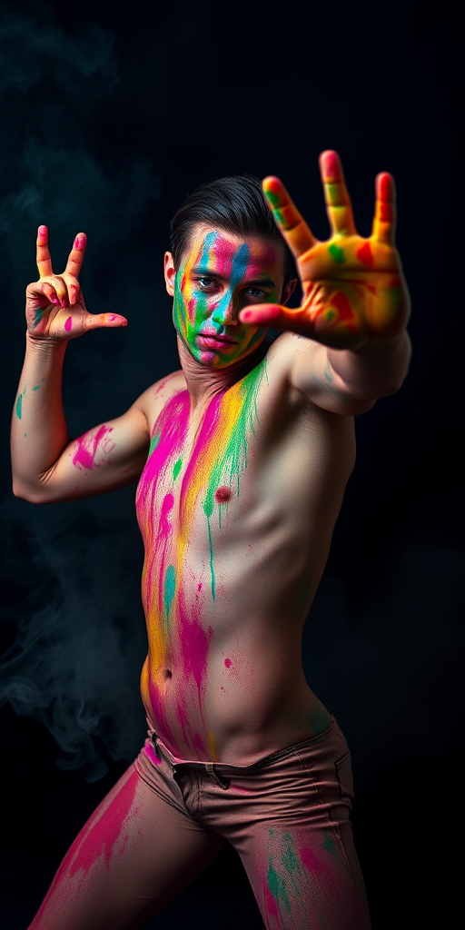 Create a high-resolution image of a model striking a dynamic pose covered in colorful paint, shot with a Canon EOS R5, 85mm f/1.2 lens, at ISO 100, f/2.8, with soft lighting and a dramatic smoky background.